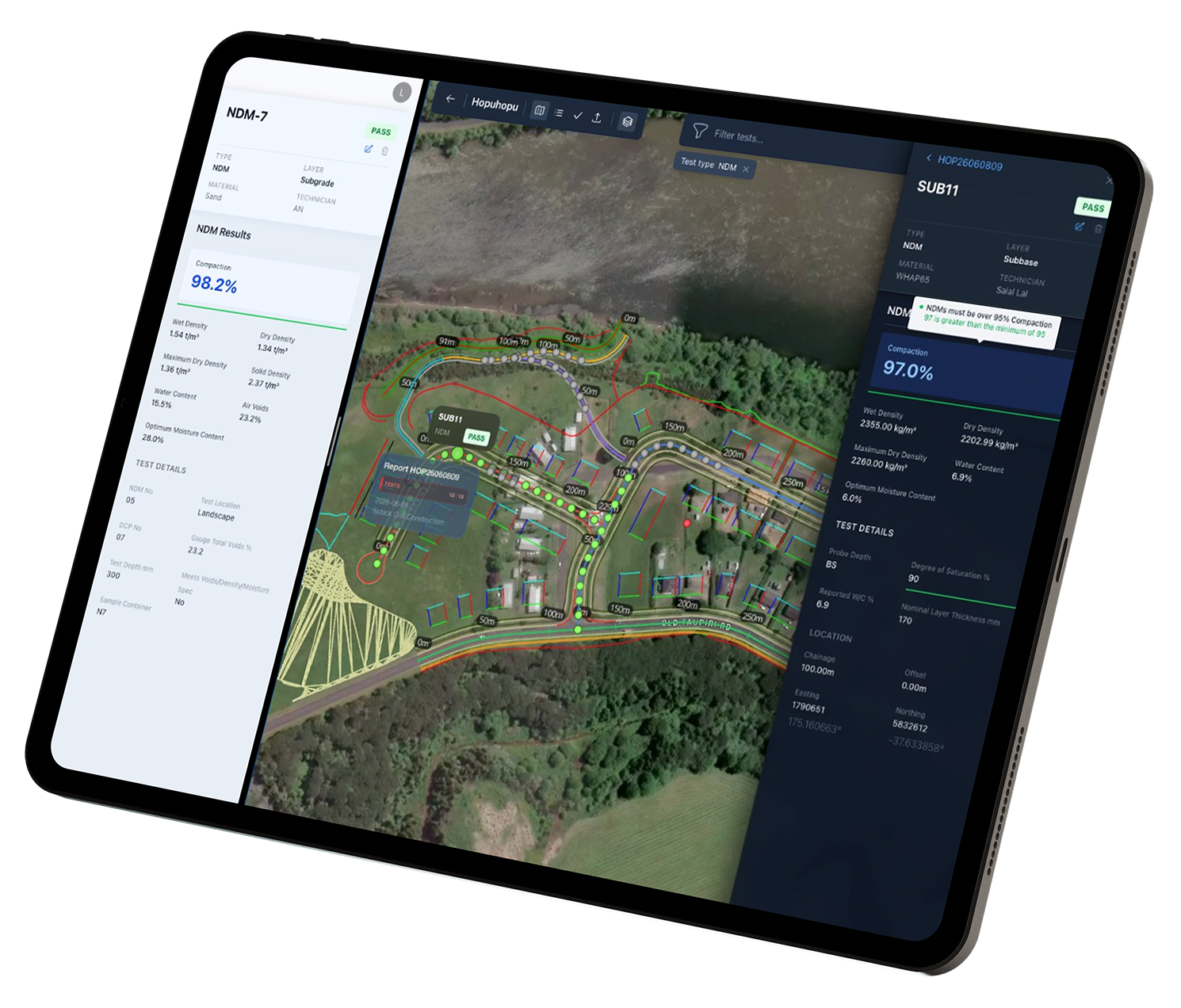 Testbed tablet interface showing mapped pavement and geotechnical test evidence